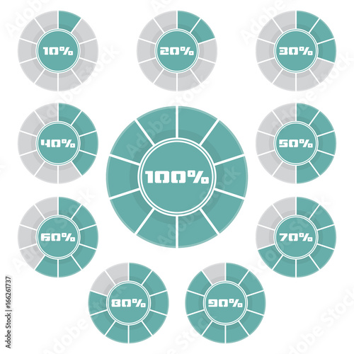 Set of blue pie chart percentage diagram with shadow