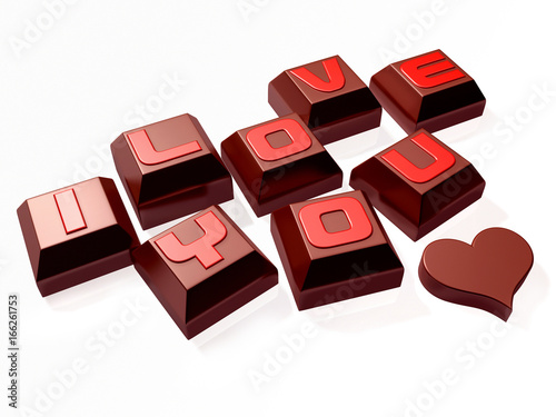 3d lettering hard mini chocolate and heart on white background. Valentine 3D Illustration Design Series.