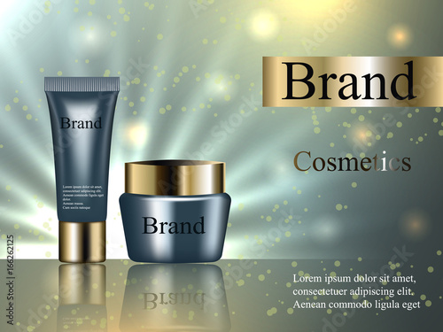 face cream and lotion is dark blue with a gold cap on a gentle light background with bright stars advertising cosmetics, design, banner, EPS 10, vector 3D, realistic
