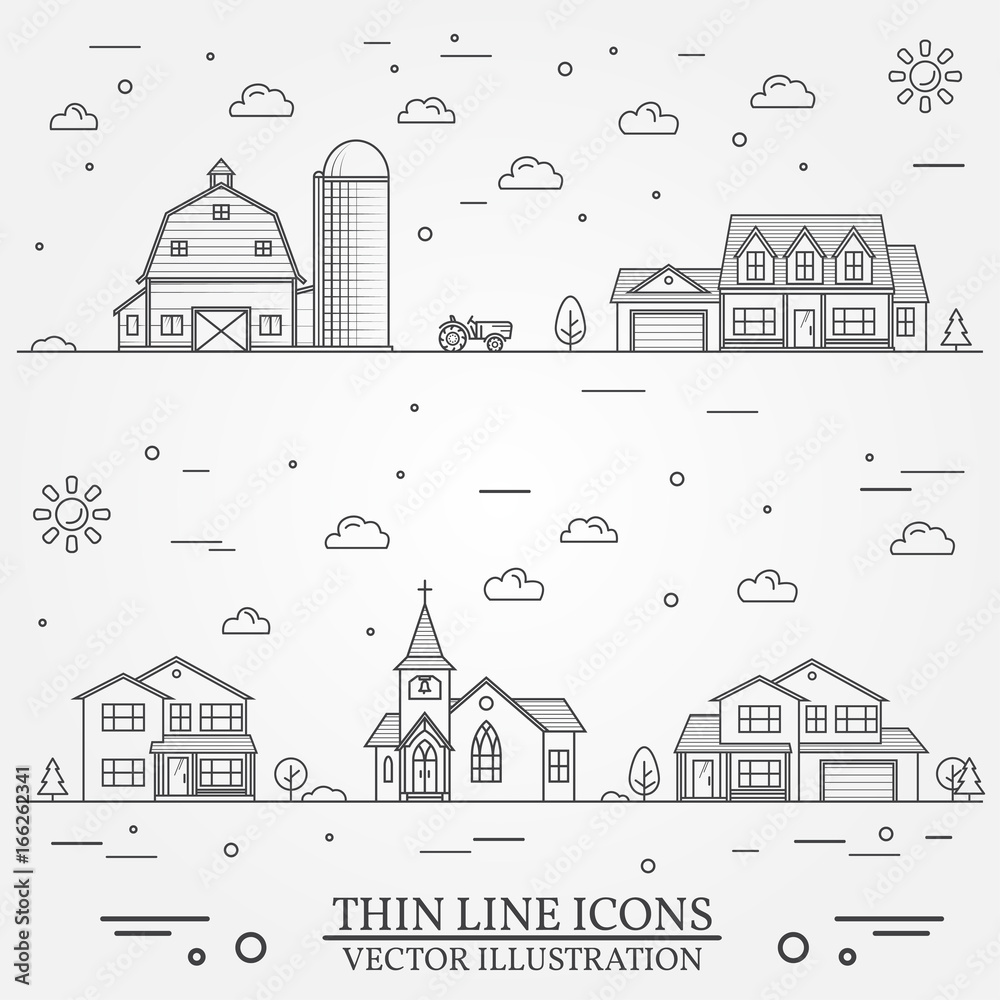 Neighborhood with buildings illustrated on white
