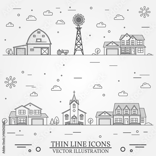 Neighborhood with buildings illustrated on white