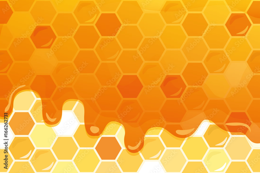 Sweet honey glossy background with copy space for your text. Included seamless pattern with honeycomb.