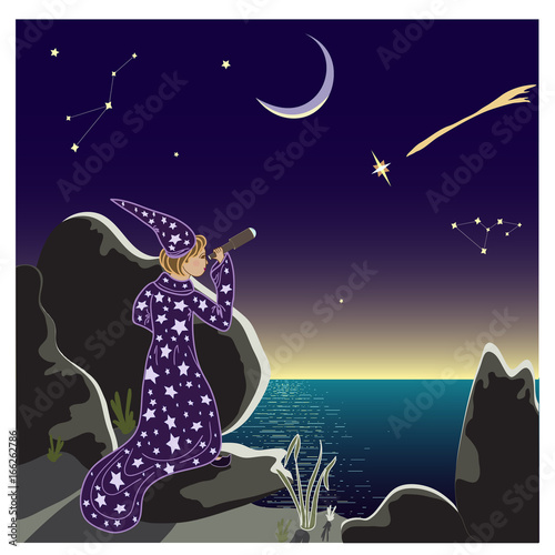 Male astronomer looking through a telescope at the starry sky Poster Mural XXL