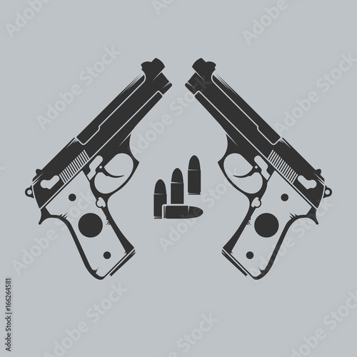 Two guns and ammo. Emblem with handgun and bullets.