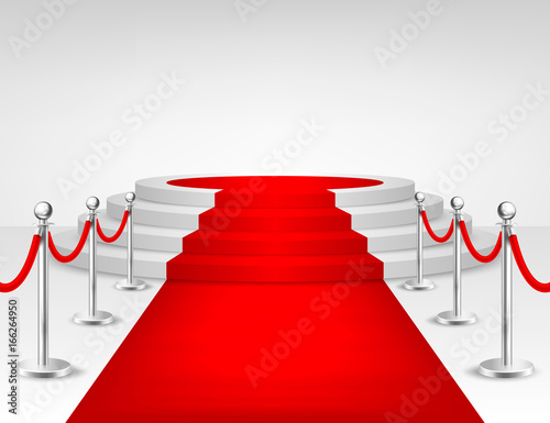 Realistic vector red event carpet, silver barriers and white stairs isolated on white background. Design template, clipart in EPS10.