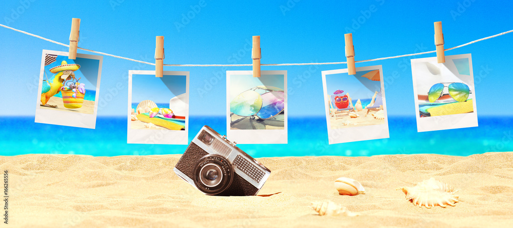 Wunschmotiv: Schöner Strand mit Polaroid Fotos - Urlaub Konzept #166265556