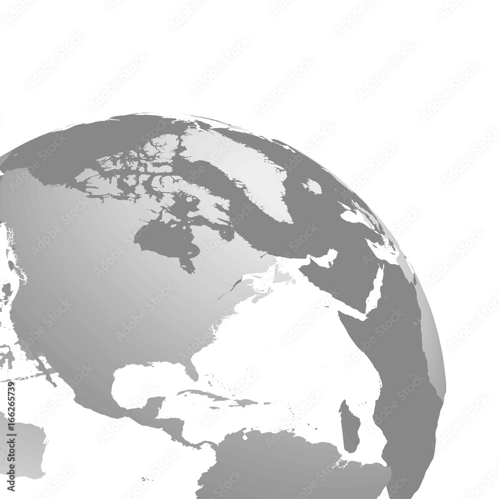 3D planet Earth globe. Transparent sphere with grey land silhouettes. Cropped and focused on North America.