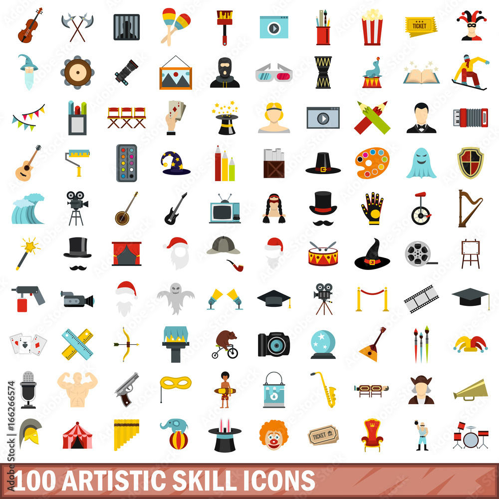 100 artistic skill icons set, flat style