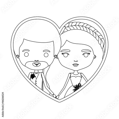 monochrome silhouette heart shape portrait caricature of newly married couple groom with formal wear and bride with wavy long hairstyle