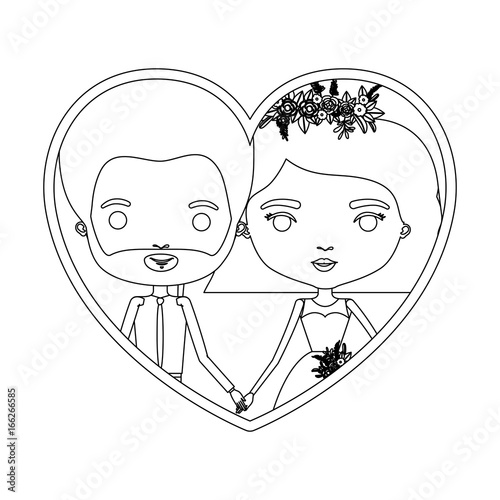 monochrome silhouette heart shape portrait caricature of newly married couple groom with formal wear and bride with wavy short hairstyle