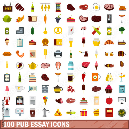 100 pub essay icons set, flat style