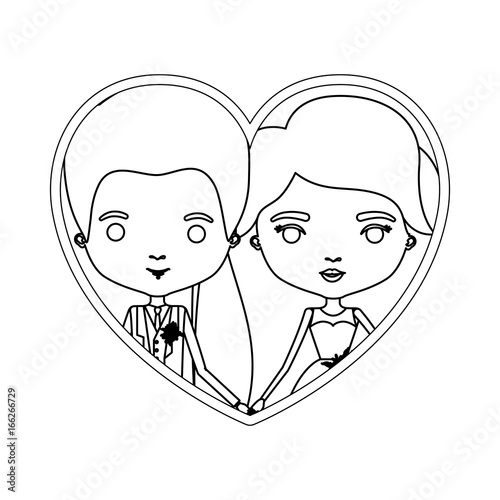 monochrome silhouette heart shape portrait caricature of newly married couple groom with formal wear and bride with long hairstyle