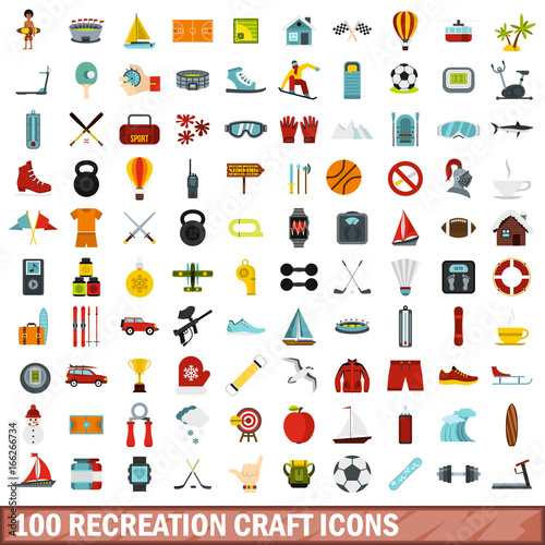 100 recreation craft icons set  flat style