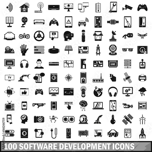 100 software development icons set, simple style 