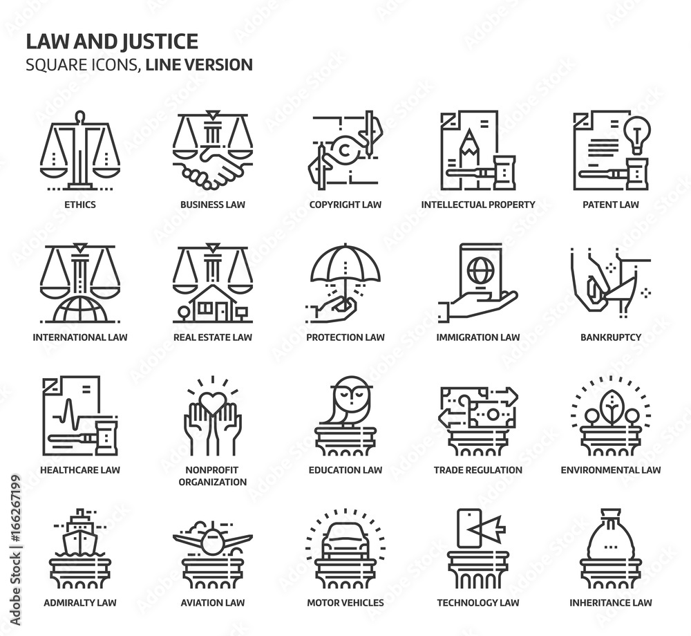 Law and justice, square icon set