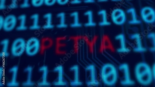 Petya red text between blue binary data background blue screen with depth of field in 4k photo