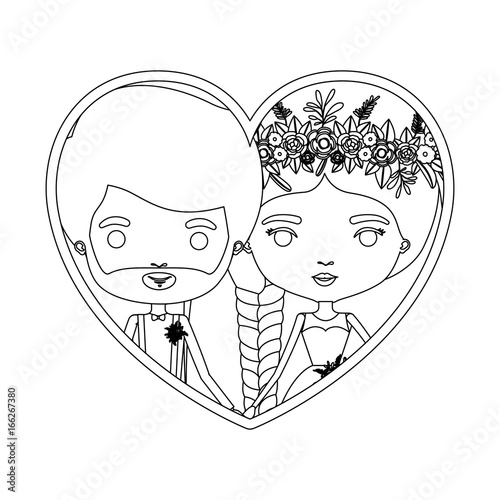 monochrome silhouette heart shape portrait caricature of newly married couple groom with formal wear and bride with braids hairstyle