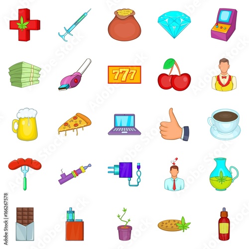 Game addiction icons set, cartoon style