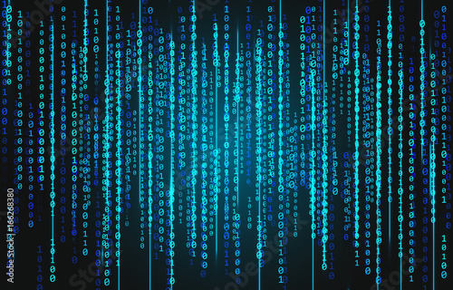 Blue neon binary code on a black background
