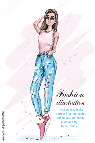 Stylish beautiful cool girl in sunglasses. Hand drawn fashion girl. Pretty woman in fashion clothes. Fashion look. Sketch. Vector illustration.