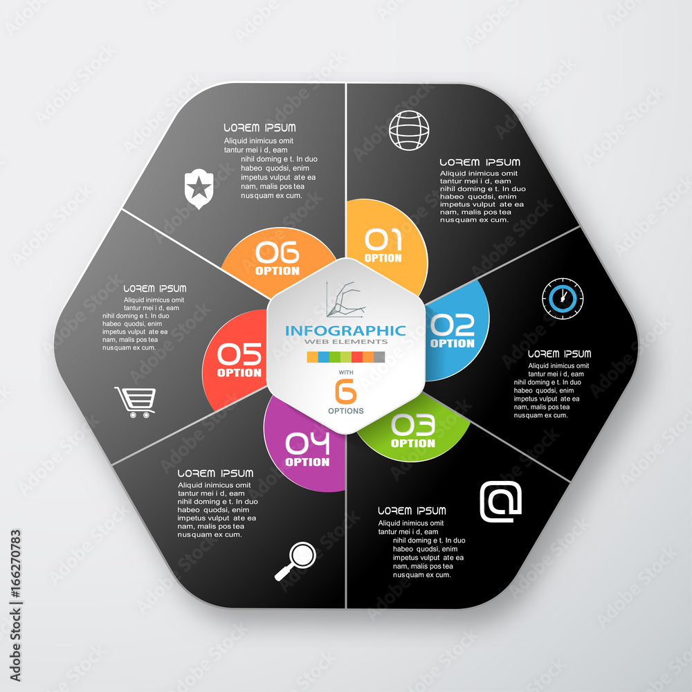 Vector infographic of gradient dark gray hexagonal form and color segments cut from paper with shadow, text and color icons on the gradient gray background. Vector infographic of gradient dark gray hexagonal form and color segments cut from paper with shadow, text and color icons on the gradient gray background.