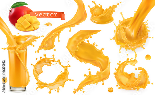 Orange paint splash. Mango, pineapple, papaya juice. 3d realistic vector icon set