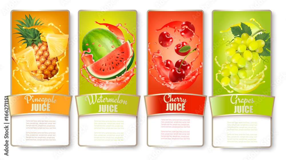 Set of labels of of fruit in juice splashes. Pineapple, watermelon, cherry, grapes. Vector.