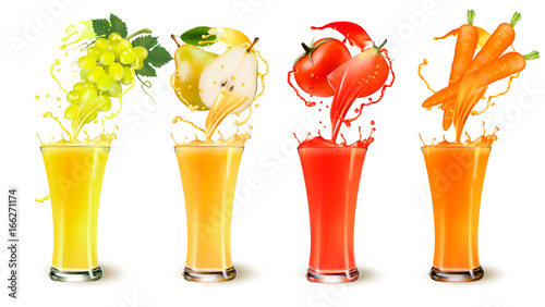 Set of fruit juice splash in a glass. Grapes, pear, carrot and tomato. Vector