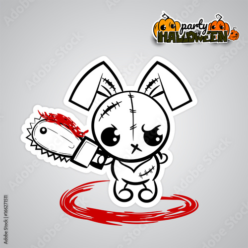 Ugly angry monochrome thread needle sewing voodoo doll. Halloween evil bunny rabbit cartoon funny monster electric saw blood. Pop art wow comic book text party. Vector illustration sticker paper.