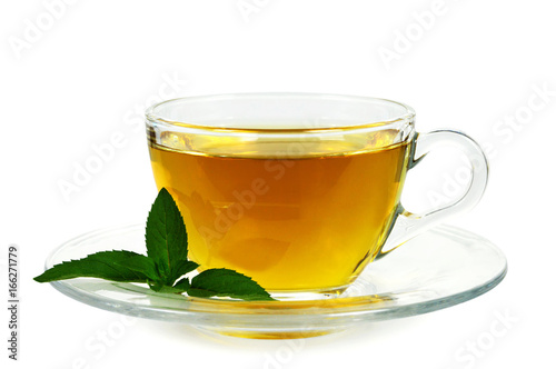 Mint tea in transparent glass cup isolated on white background