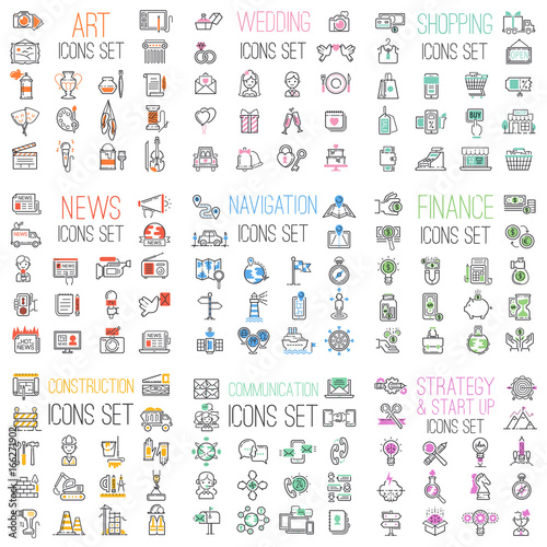 Shopping, finance, business, communications, wedding, navigation internet website mega set outline vector icons