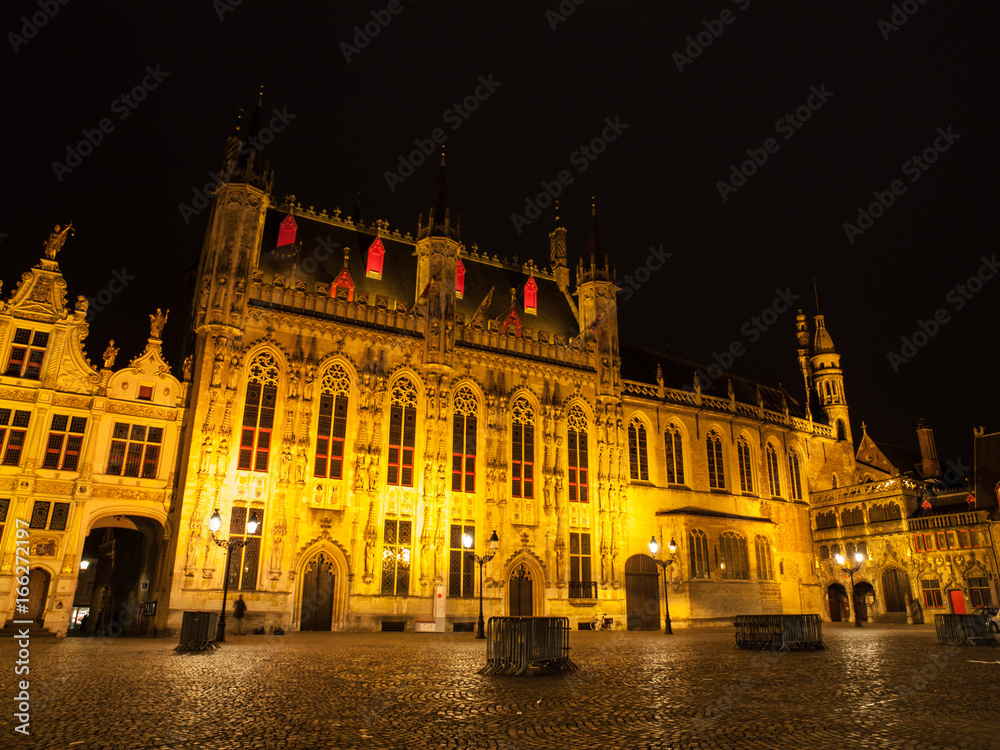 Burg square with the City Hall by night, Bruges, Belgium.