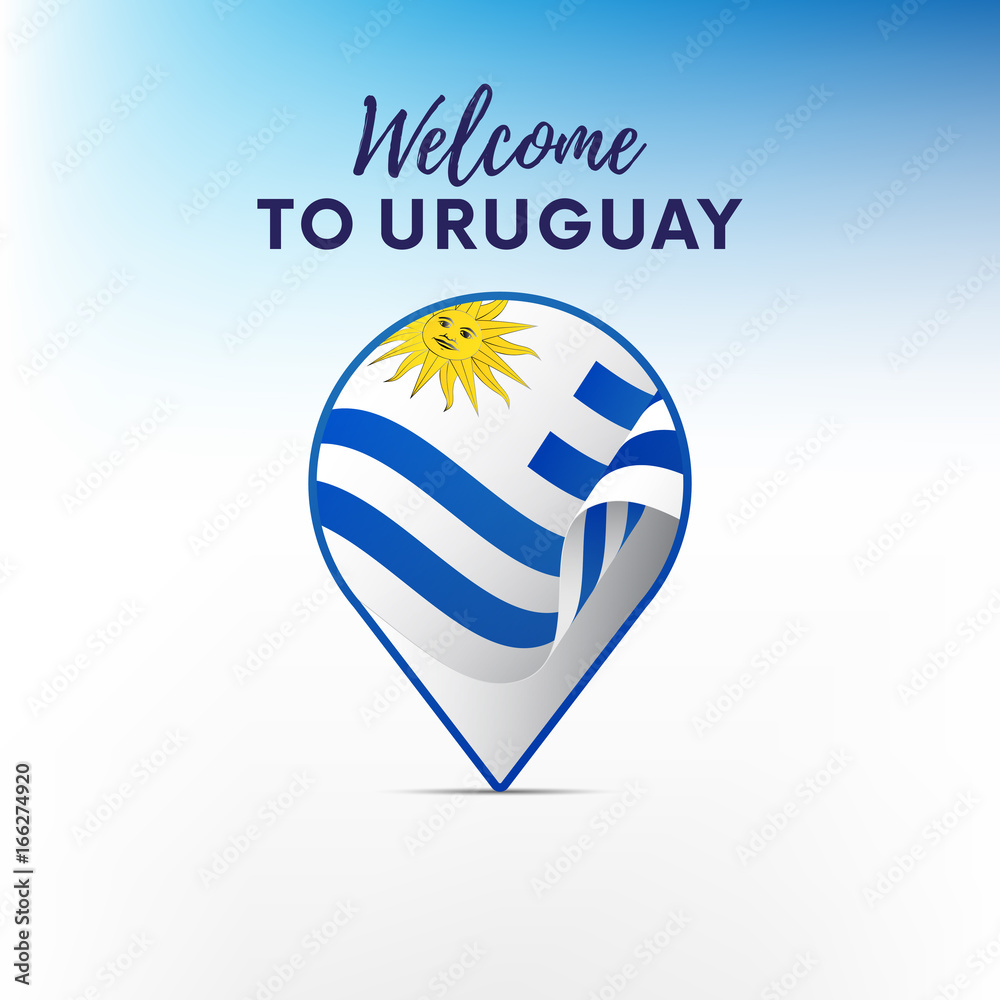 Flag of Uruguay in shape of map pointer or marker. Welcome to Uruguay. Vector illustration. Flag of Uruguay in shape of map pointer or marker. Welcome to Uruguay. Vector illustration.