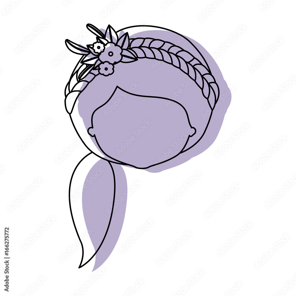 Fototapeta premium silhouette lilac color shadow of contour caricature closeup front view faceless woman with side ponytail hairstyle and braid crown decorate with flowers