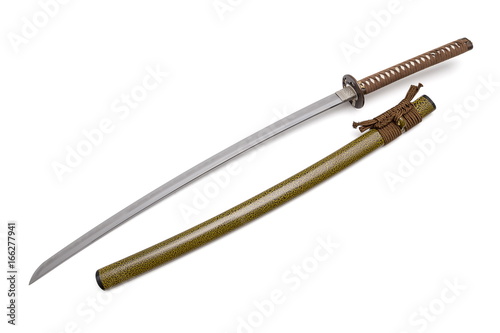 Brown handle Japanese sword and green scabbard on white background