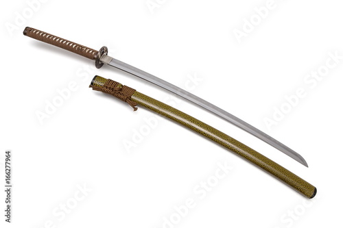 Brown handle Japanese sword and green scabbard on white background