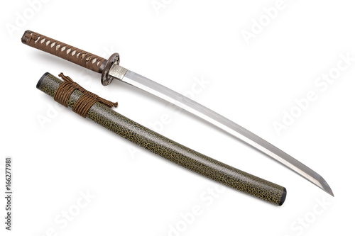 Brown handle Japanese sword and green scabbard on white background