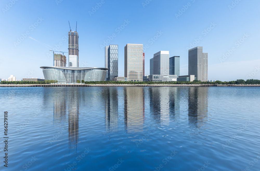 Dalian city waterfront downtown skyline with Haihe river,China.