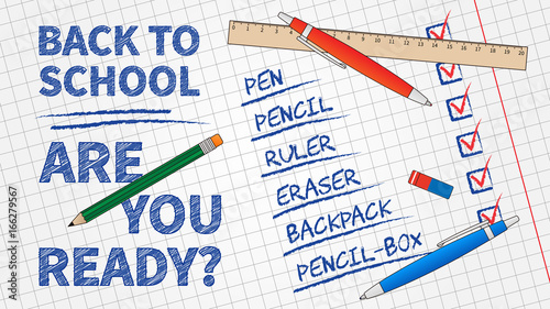 Back to school vector illustration. Line art banner Back to school with list of stationery elements (pencil, pen, ruler, staple) and exercise book background. Graphic design template.
