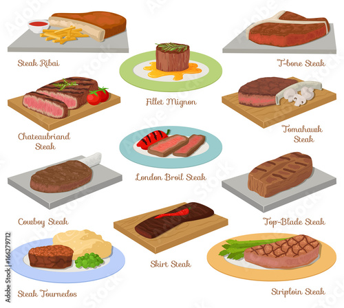 Different beef steak raw meat food red fresh cut butcher uncooked barbecue bbq slice ingredient vector illustration