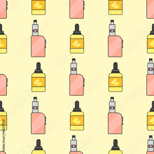 Vape device vector seamless pattern cigarette vaporizer vapor juice bottle flavor illustration battery coil.