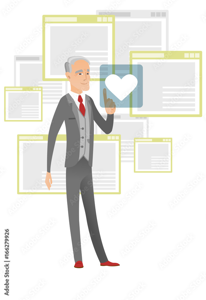Senior businessman pressing web button with heart. Senior businessman pressing web button with heart.