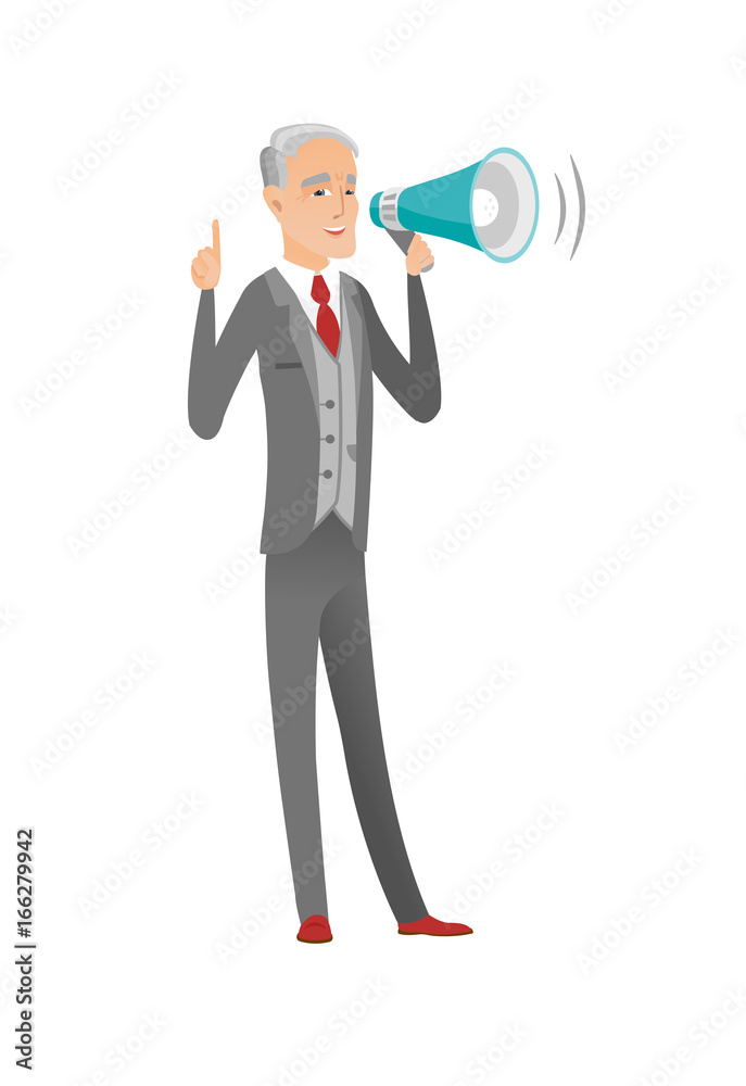 Caucasian businessman talking into loudspeaker. Caucasian businessman talking into loudspeaker.