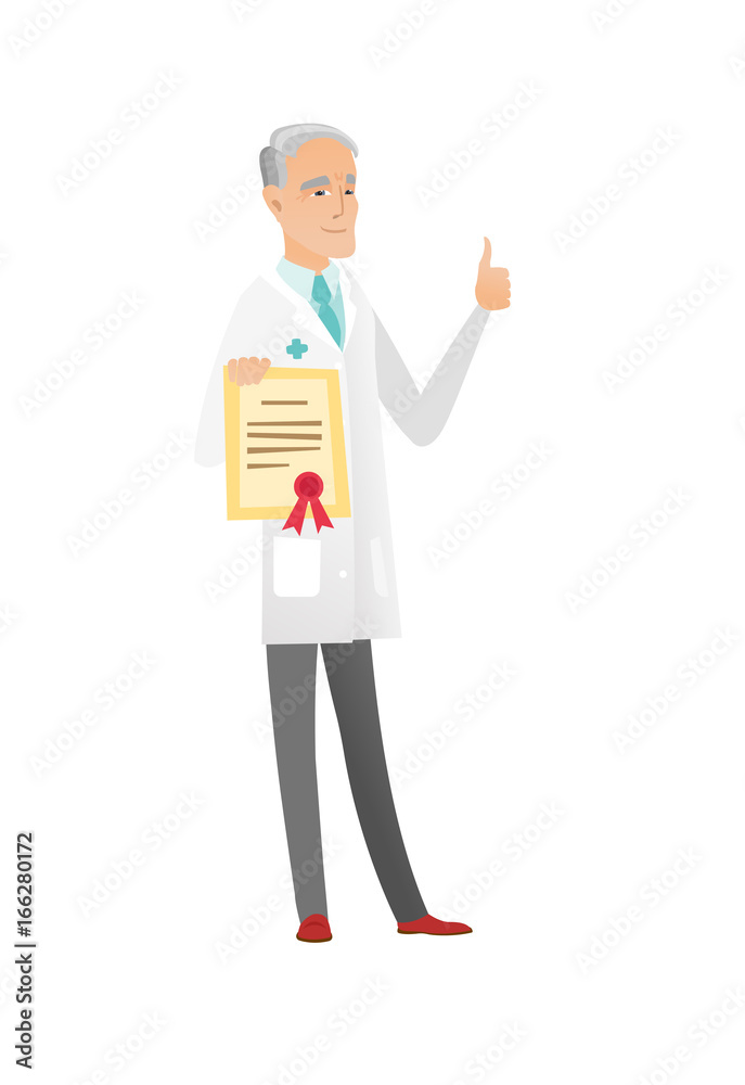 Senior caucasian doctor holding a certificate. Senior caucasian doctor holding a certificate.