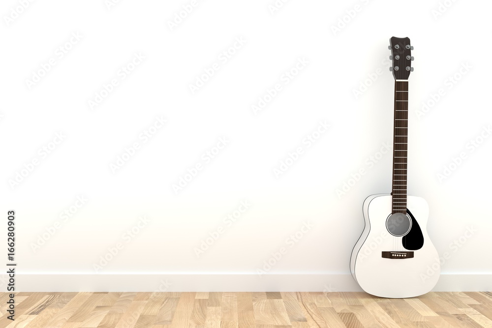 Fototapeta biała gitara akustyczna w pustym białym pokoju parkiet z drewna w renderowaniu 3D