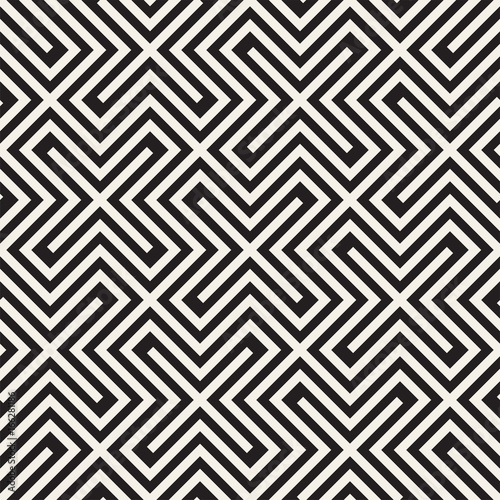 Vector Seamless Black And White Lines Pattern Abstract Background. Cross Shapes Geometric Tiling Ornament.