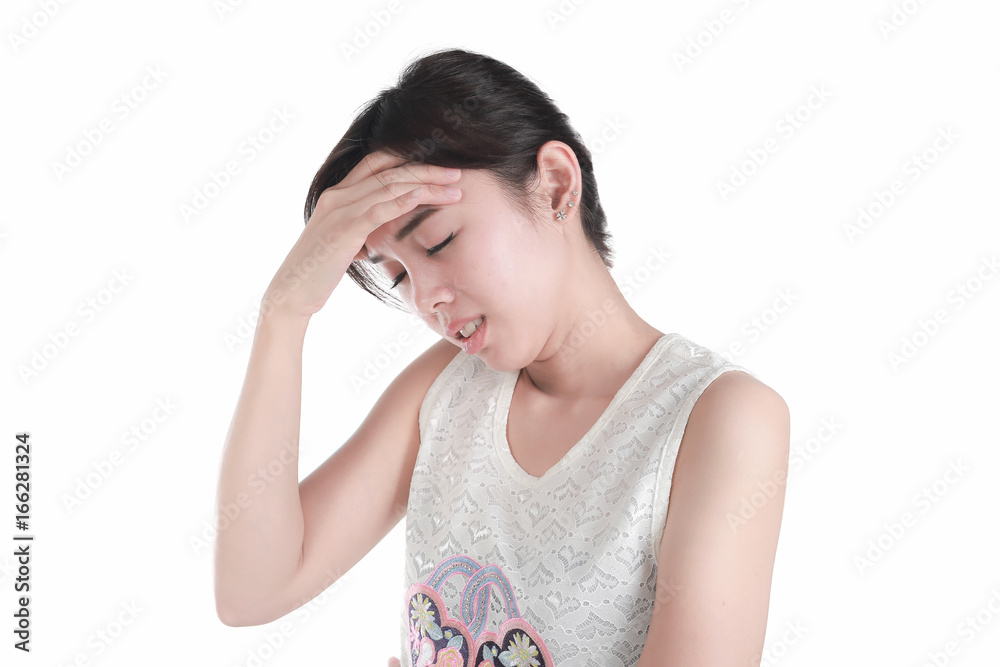 Woman having headache on white background. with clipping path Woman having headache on white background. with clipping path
