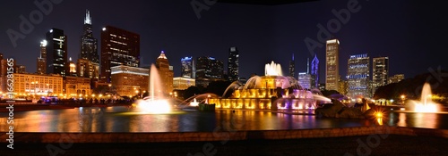 Chicago skyline and Buckingham Fountain at night. © StockPhotoAstur