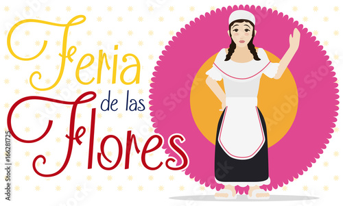 Female Paisa over Flower for Colombian Flowers Festival Celebration, Vector Illustration