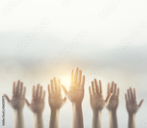 Silhouette, Raising Hands for Participation, many people's hands up. copy space